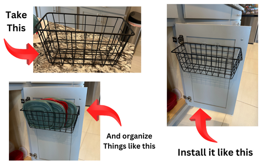 Kitchen gadget gift basket showing installation and organization examples in a kitchen.