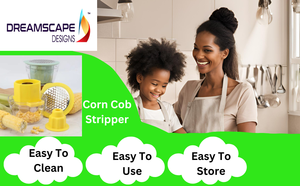 Corn Cob Stripper tool and bowl with happy family cooking in kitchen; easy to clean, use, and store; ideal for outdoor activities.